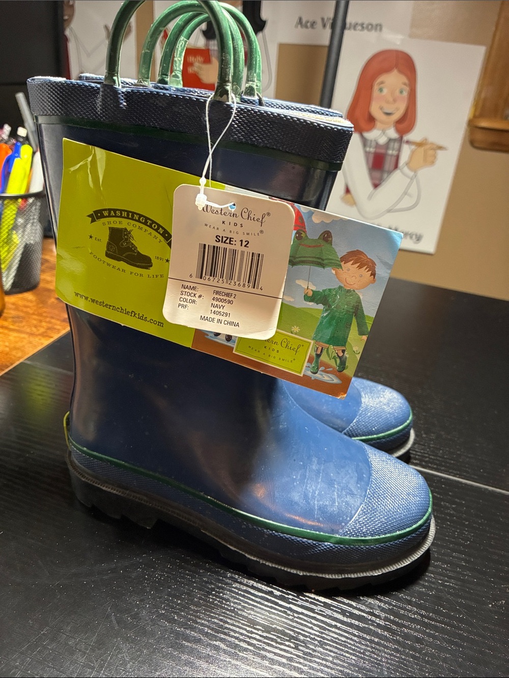 Western Chief Kids Navy Blue Rain & Snow Boots with Green Trim